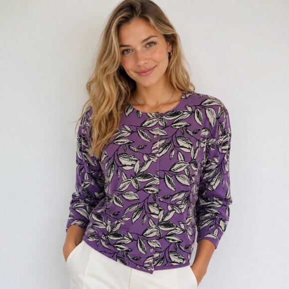 Cable & Gauge Sweaters - Cable & Gauge purple leaf print cardigan sweater medium cotton